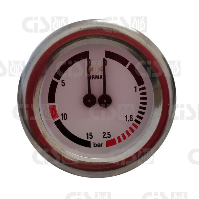 Boiler pump pressure gauge - Dual scale 2.5-15 bar - G1/8 connections with nuts