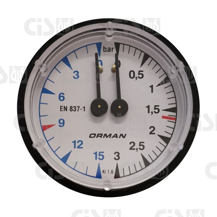 Boiler pump pressure gauge - Ø60 Dual scale 3-15 bar - G1/8 connections